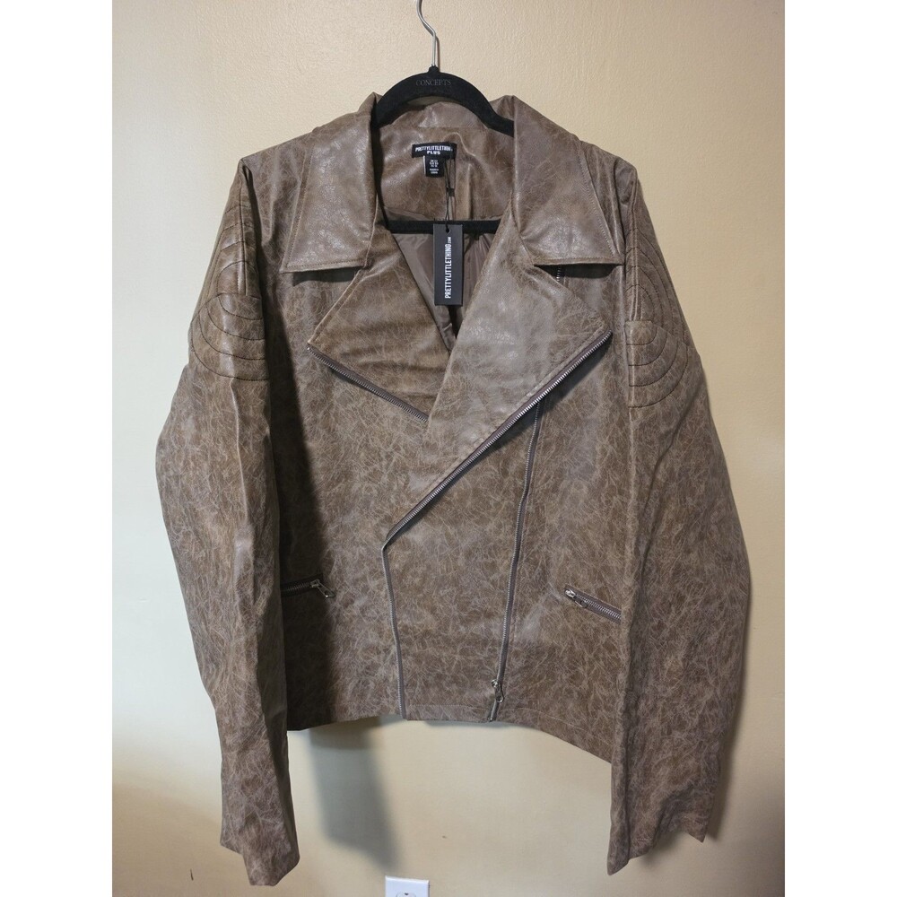 PrettyLittleThing Plus Brown Faux Leather Distressed Biker Jacket Size 22 NWT